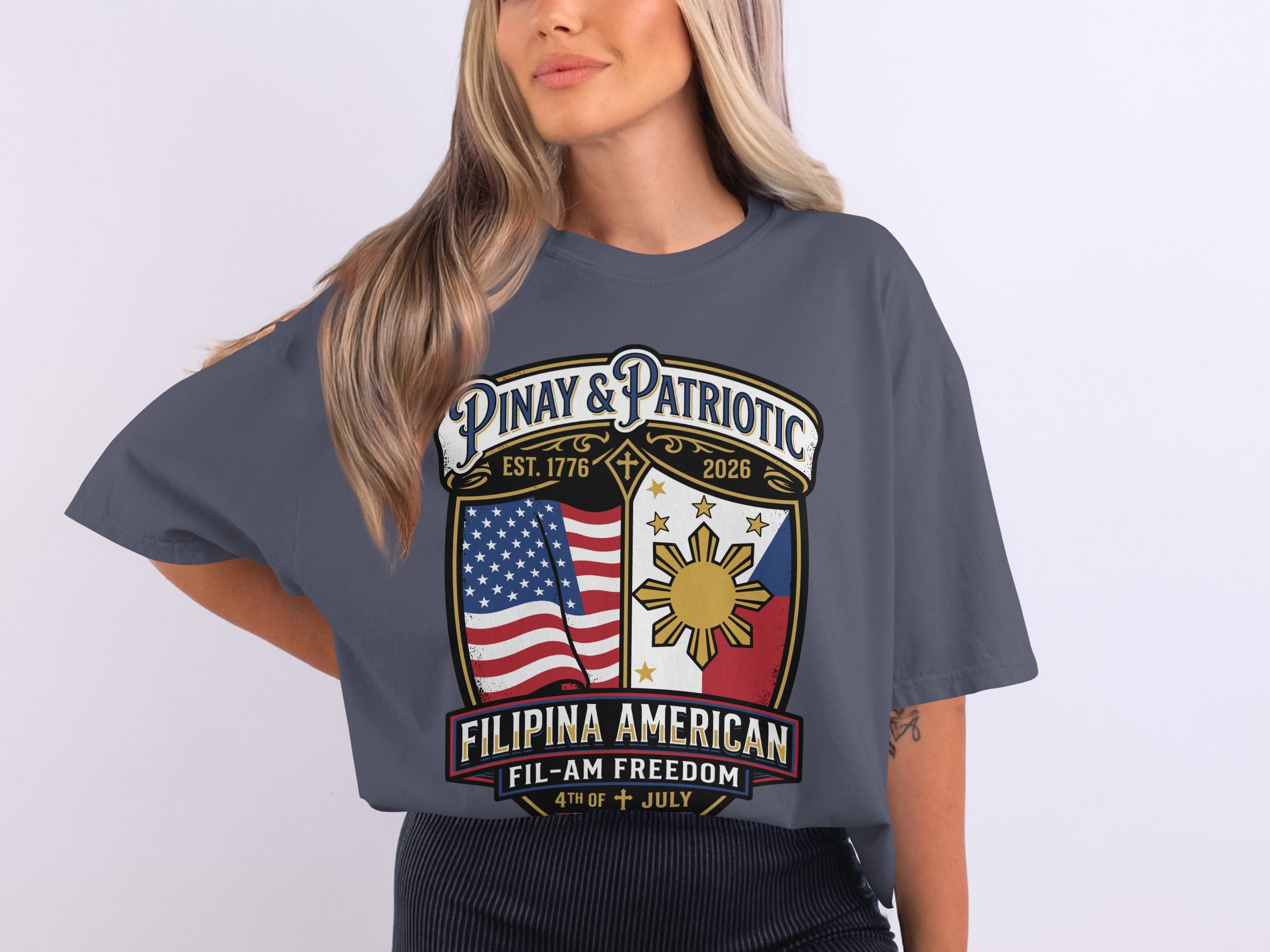 Pinay & Patriotic Filipina American Freedom t-shirt with US and Philippine flags.