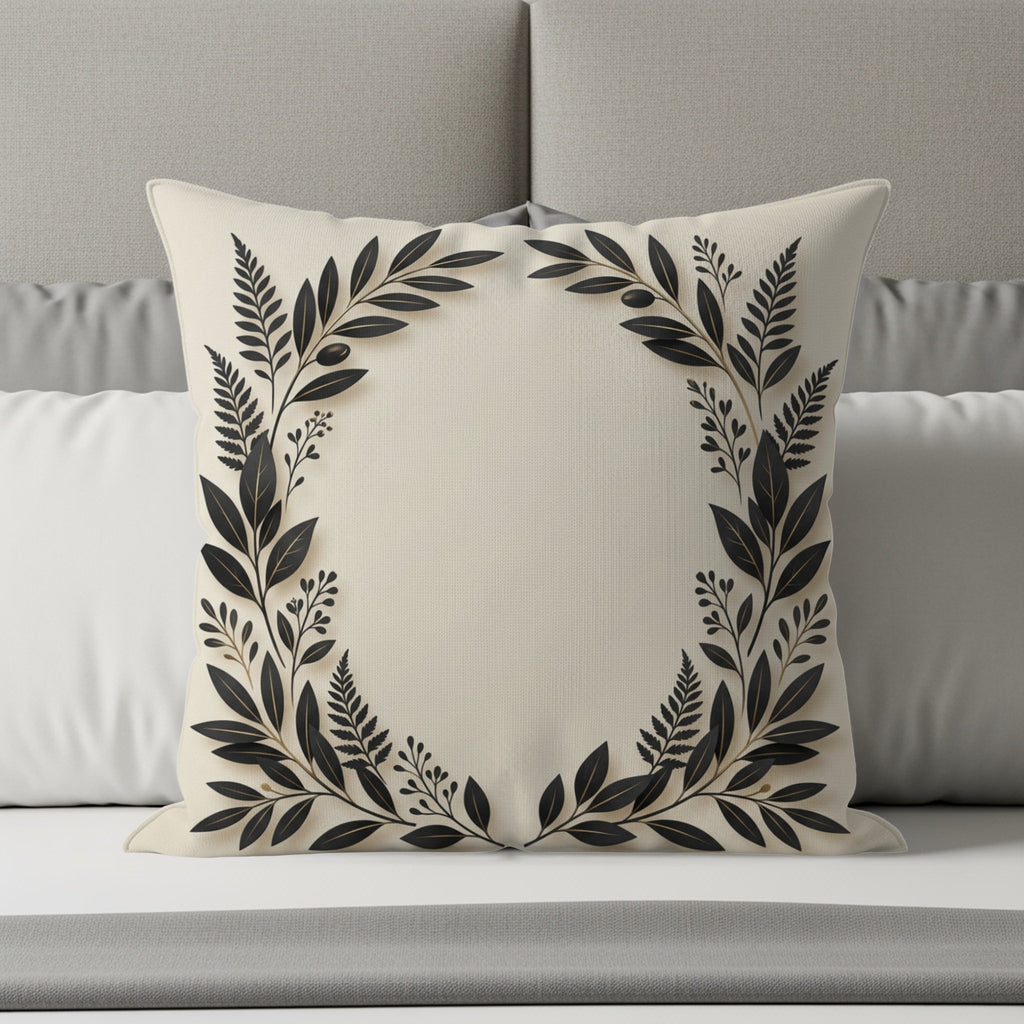 Cream pillow with black floral wreath design on a bed.