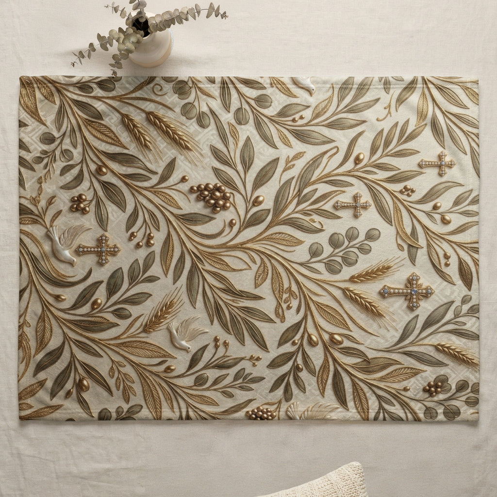 Tapestry placemat with gold and green botanical and cross pattern.