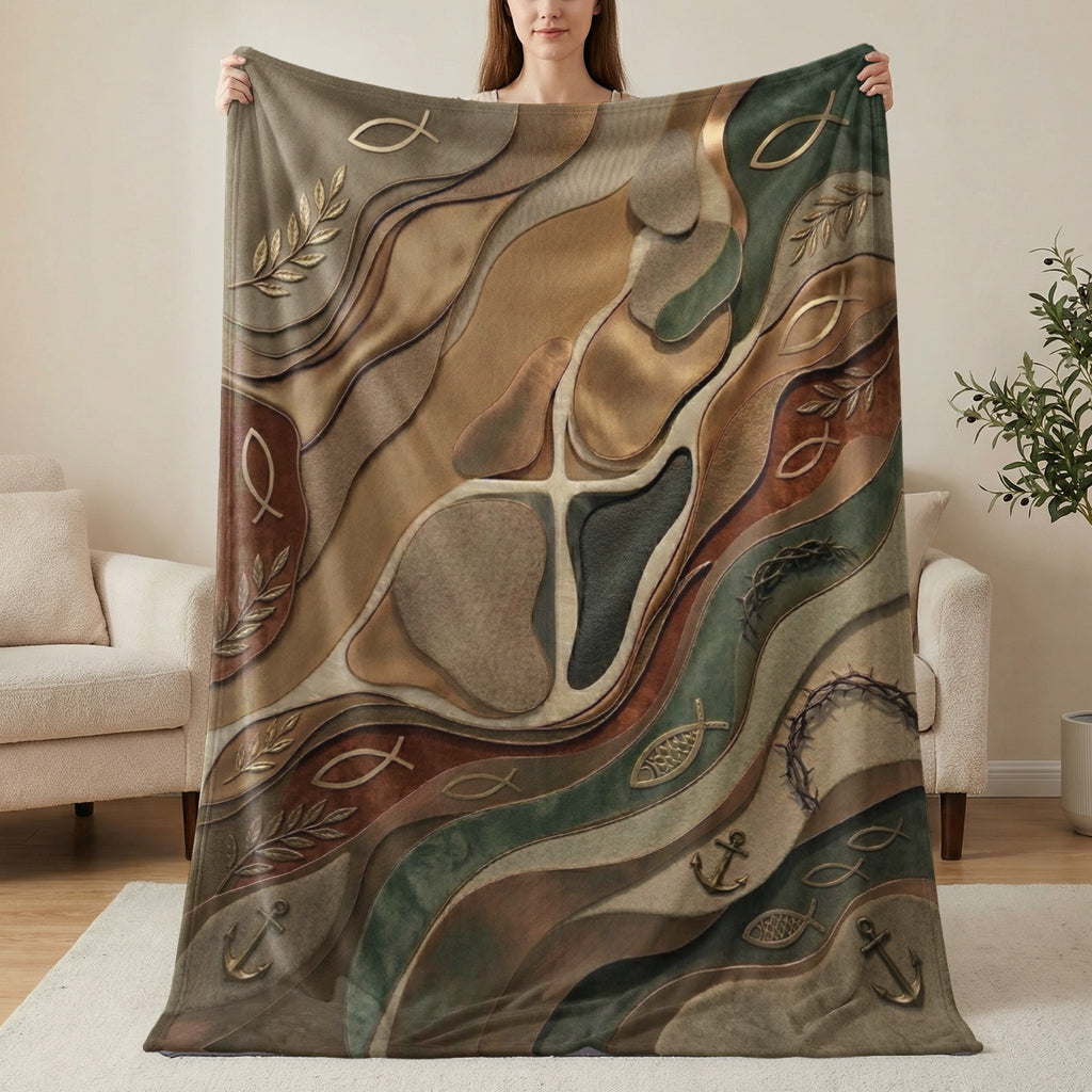 Abstract textured blanket with religious symbols including crosses, fish, and anchors.