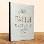 Book cover with "FAITH over fear" and Bible verse Isaiah 41:10.