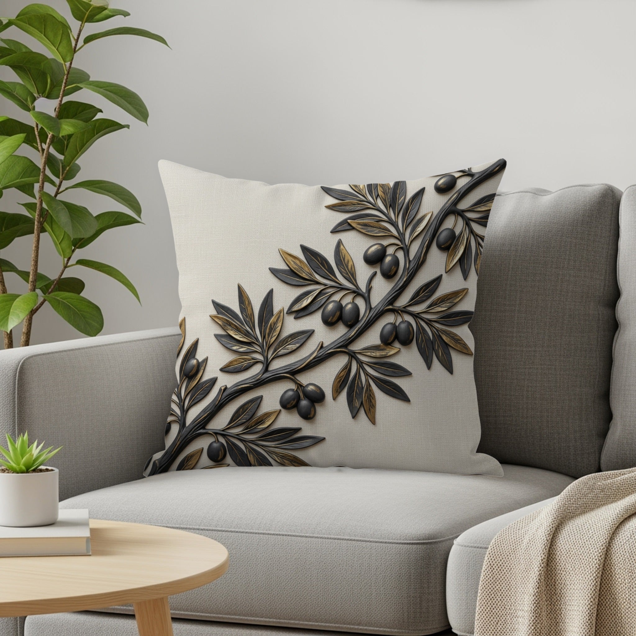 Textured throw pillow with a raised olive branch design on a sofa.