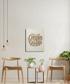 Canvas print with "Chosen and Called" text above two small tables and chairs.