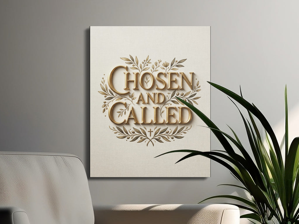 Canvas wall art with "Chosen and Called" text and a cross emblem.