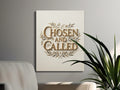Canvas wall art with "Chosen and Called" text and a cross emblem.