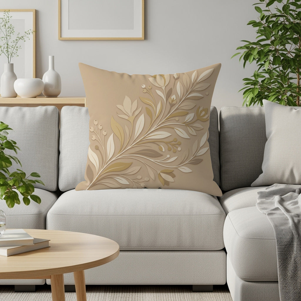Beige throw pillow with embossed floral branch design on sofa.