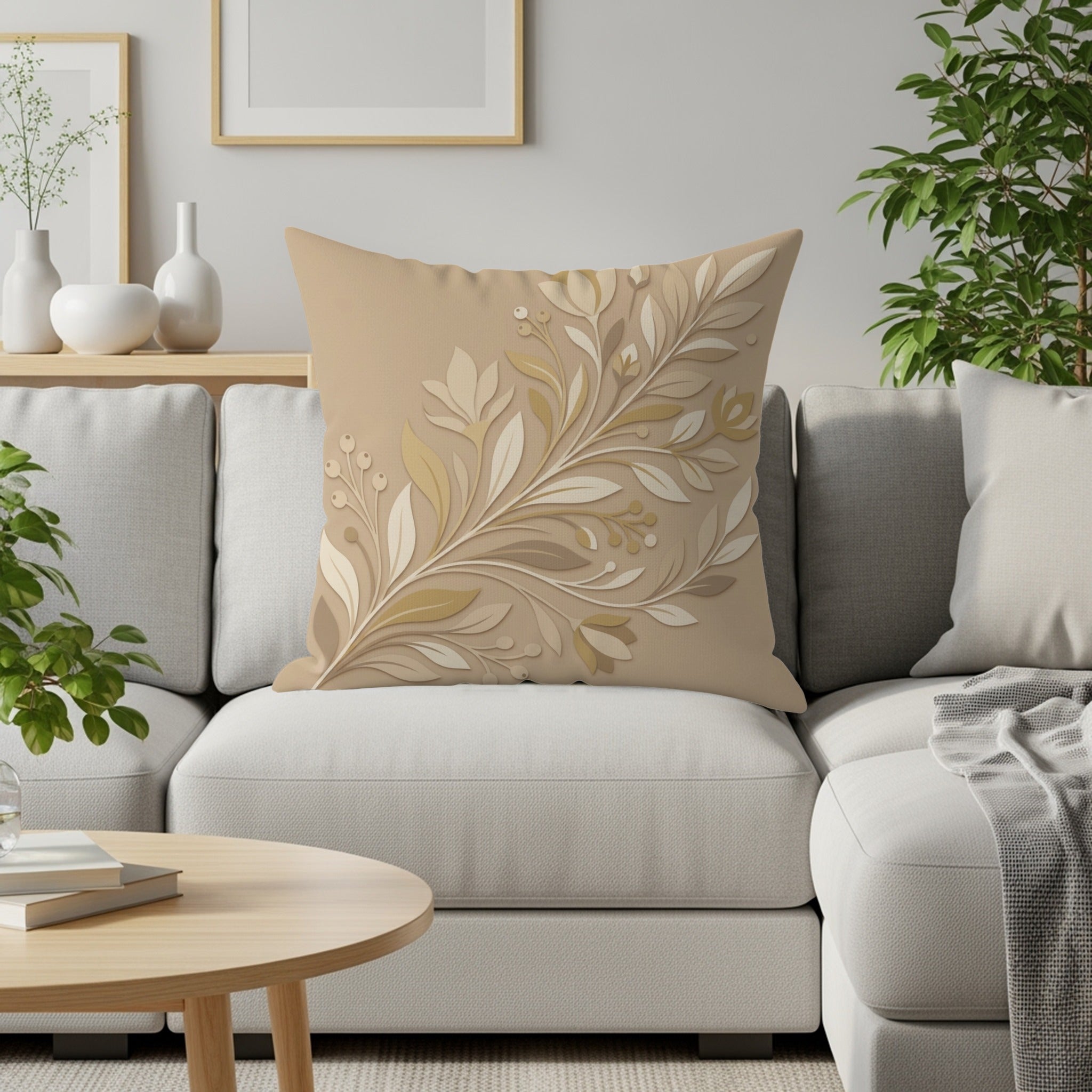 Beige throw pillow with embossed floral branch design on sofa.