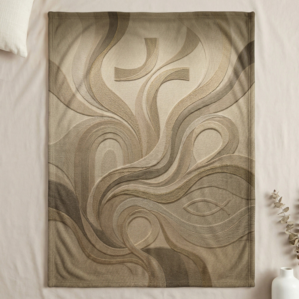 Textured blanket with embossed cross and fish symbols.