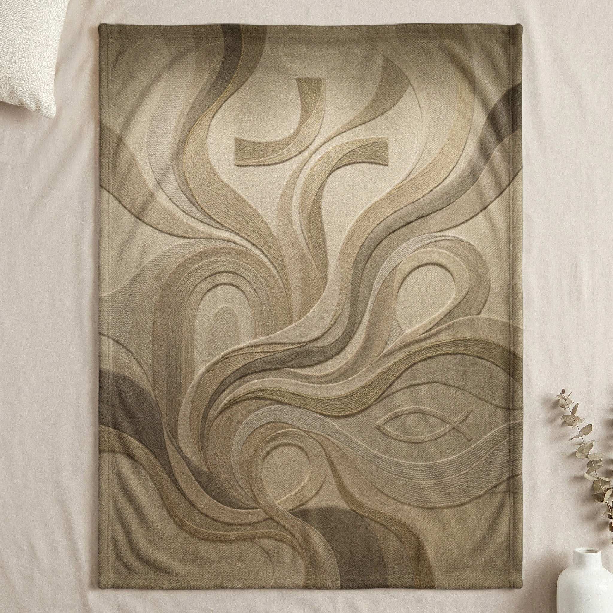 Textured blanket with embossed cross and fish symbols.