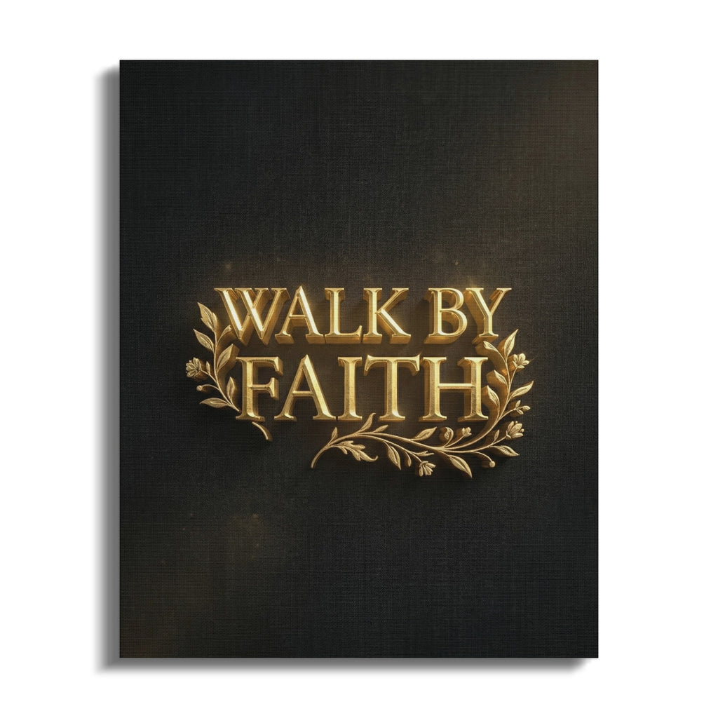 Walk by Faith in 3D gold lettering with floral accents on textured background.