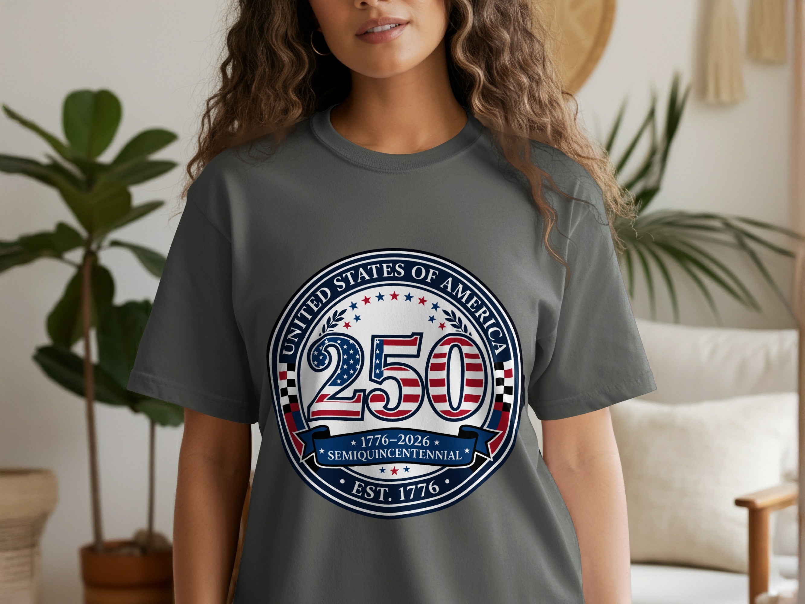 Gray t-shirt with "United States of America 250 Semiquincentennial 1776-2026" emblem.