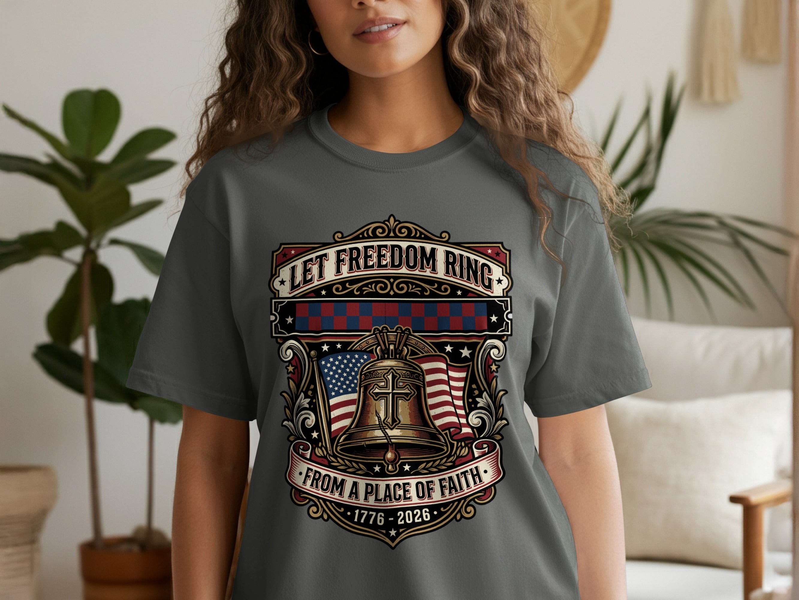 Gray t-shirt with "Let Freedom Ring" and a bell graphic.