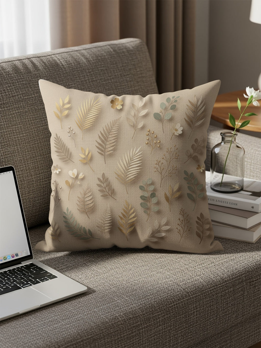 Beige throw pillow with a delicate gold and green leaf pattern on a sofa.