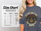 Comfort Colors 1717 size chart with graphic of Liberty Bell, 1776-2026.