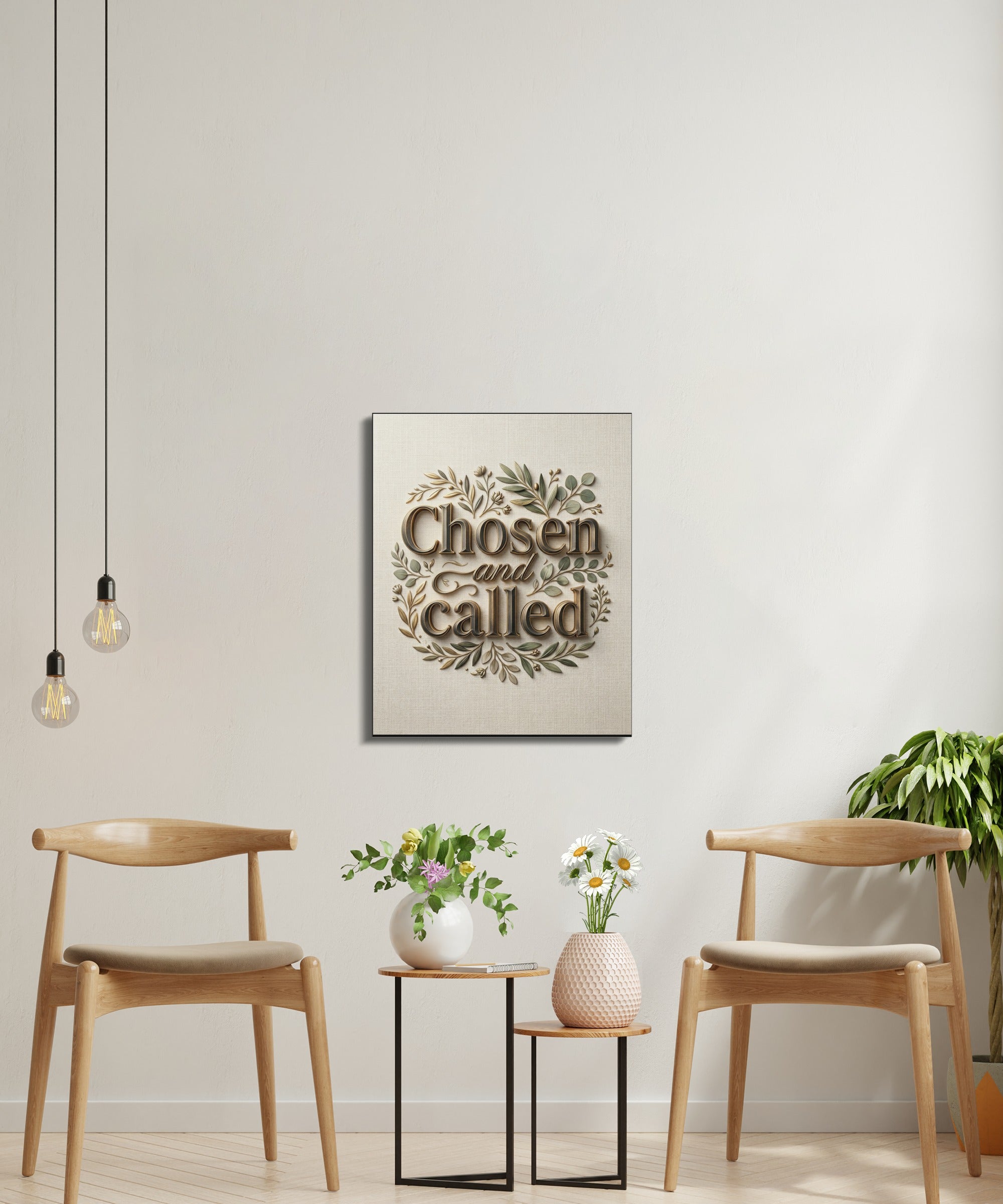 "Chosen and Called" text art with floral accents on burlap background.