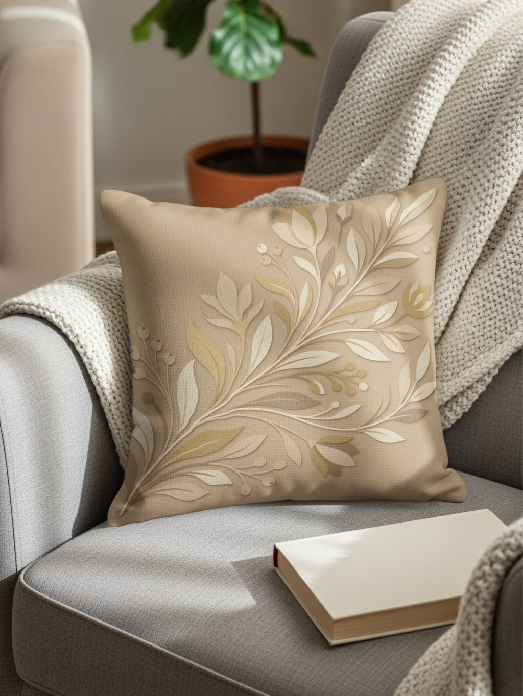Tan throw pillow with intricate botanical design on a grey armchair.