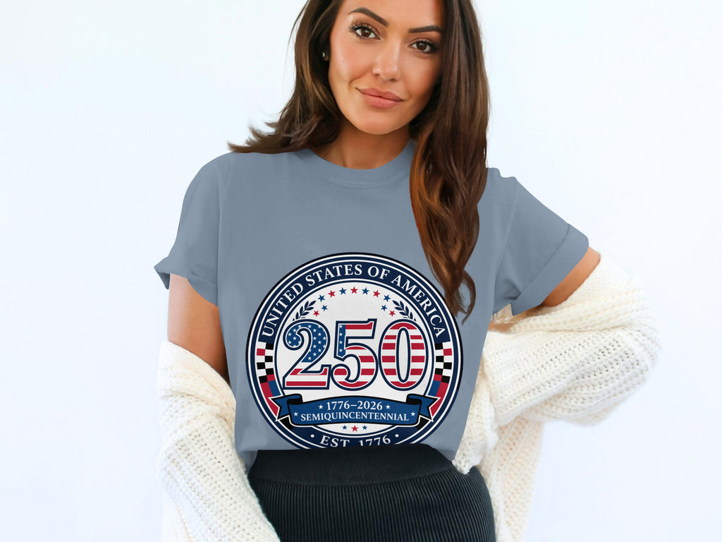 Grey t-shirt with "United States of America 250 1776-2026 Semiquincentennial" circular logo.
