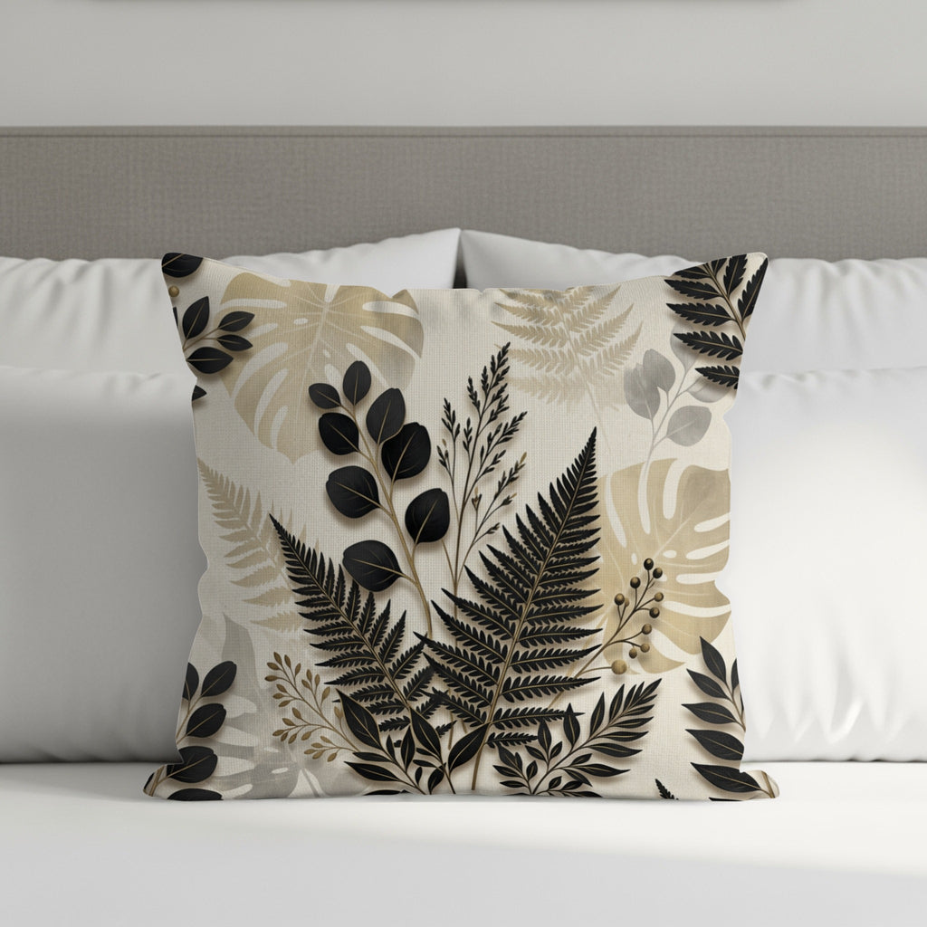 Cushion with black and beige botanical leaf pattern on a bed.