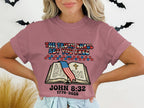 T-shirt with open Bible, American flag, and "The Truth Shall Set You Free John 8:32" text.