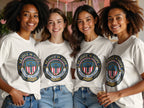 Four women wear matching t-shirts with "Rejoice in Hope" and Romans 12:12.