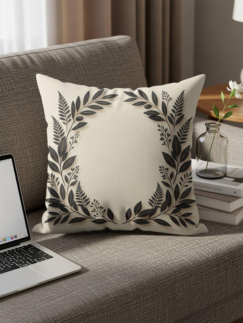Cream throw pillow with dark floral wreath design on a sofa.