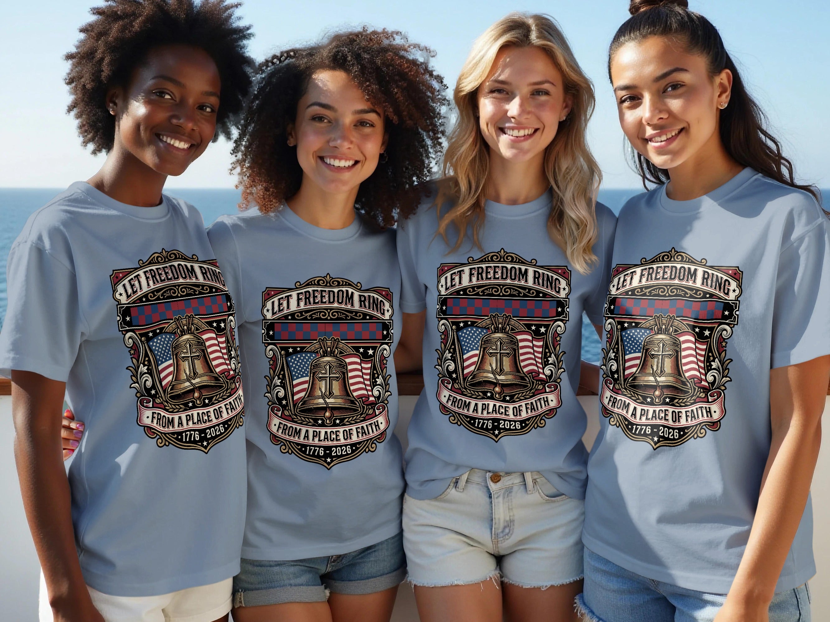 Four women wear gray t-shirts with a bell, flag, and text: "Let Freedom Ring."