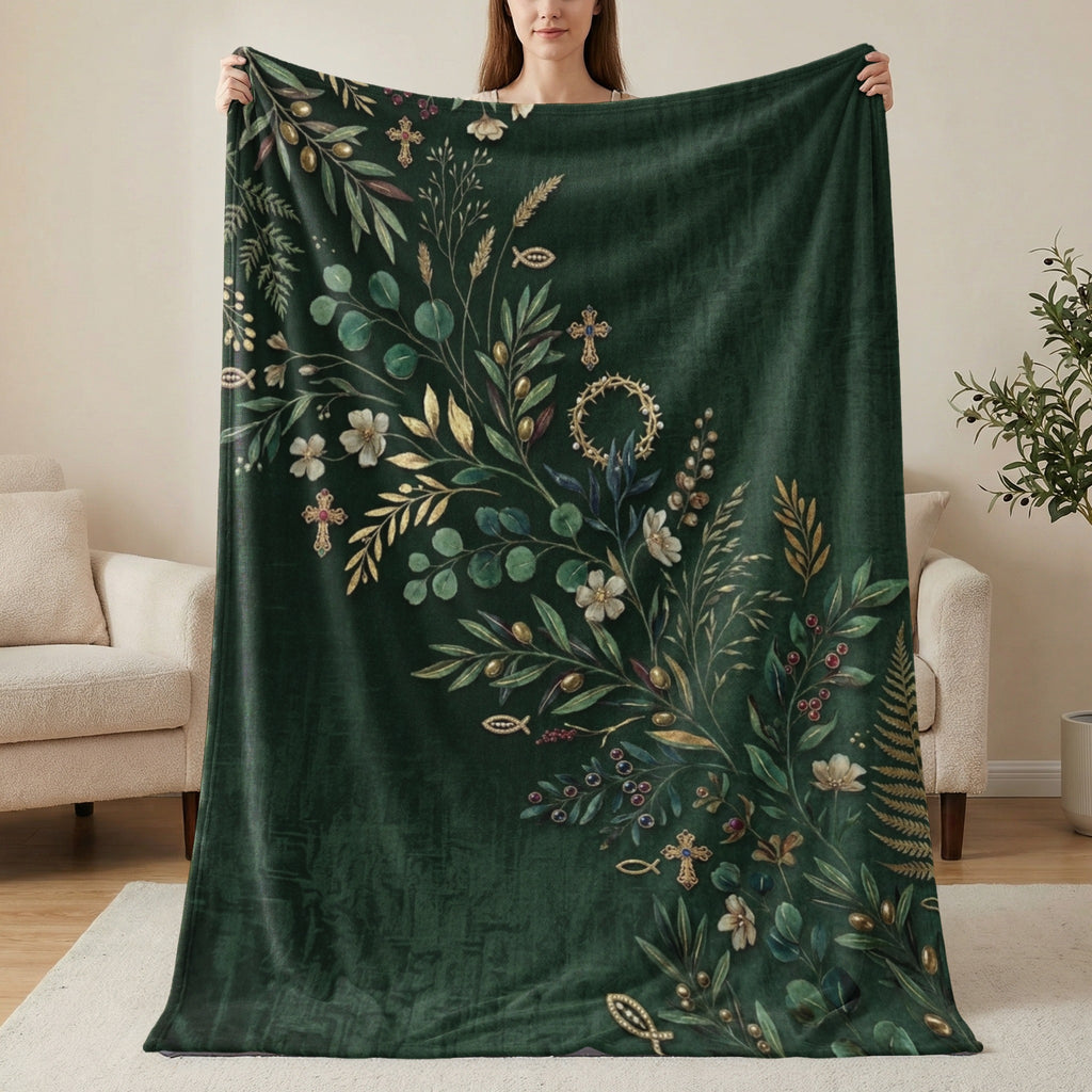 Green throw blanket with floral and cross designs.