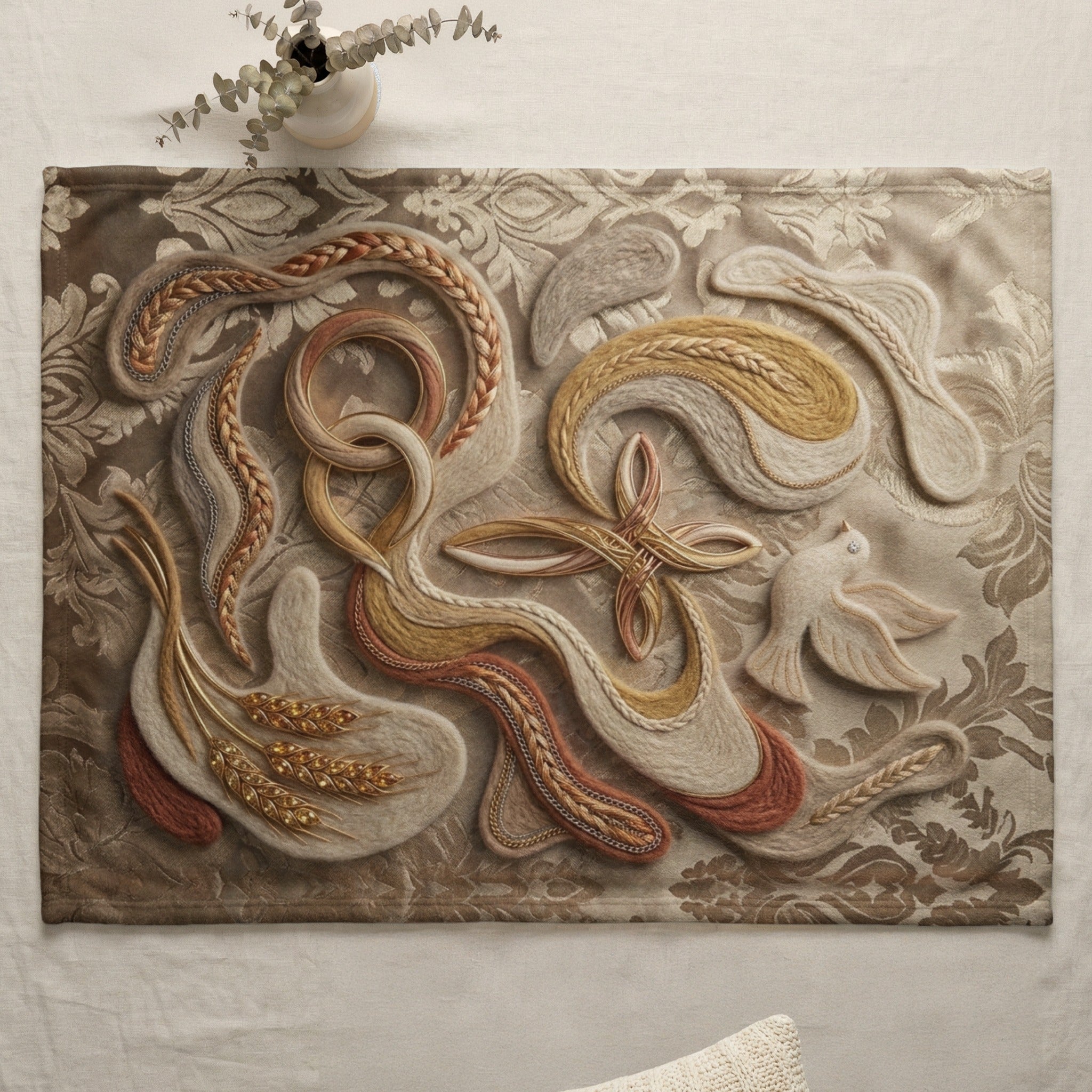 Embroidered textile depicting a cross, dove, and wheat stalks on a decorative background.