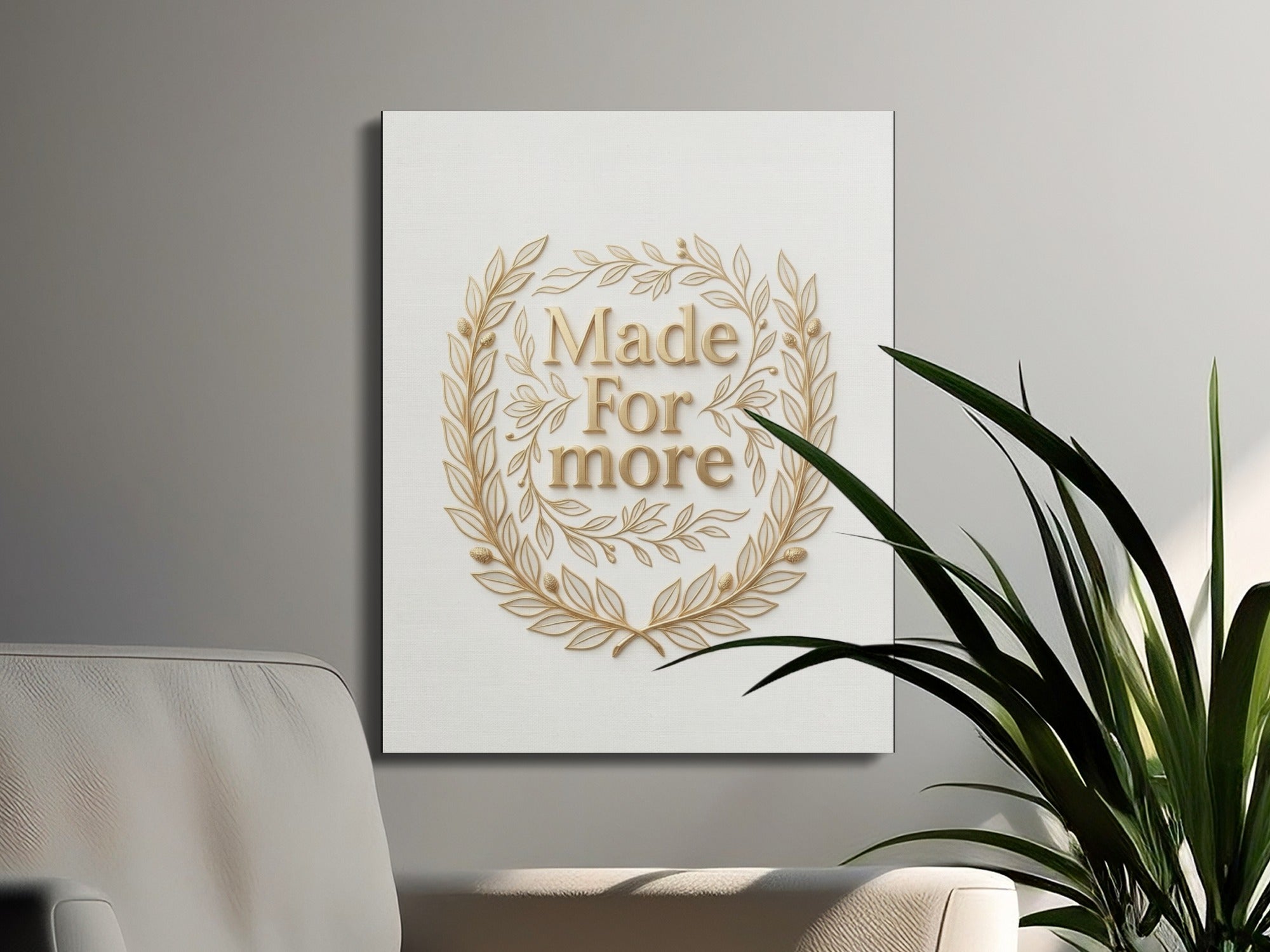 Golden wreath with "Made for more" text on a textured canvas.