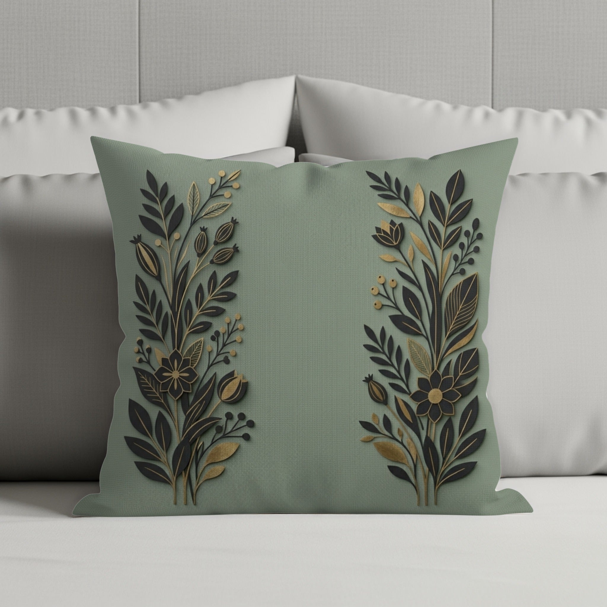 Sage green decorative pillow with gold and black floral embroidery.