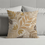 Square throw pillow with ornate beige and brown floral damask pattern.