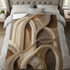 Faux leather arch pattern on a neutral colored blanket draped on a bed.
