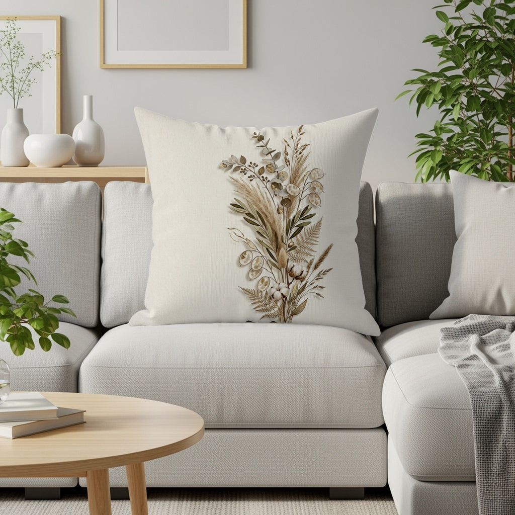 Cream throw pillow with dried floral arrangement on a sofa.