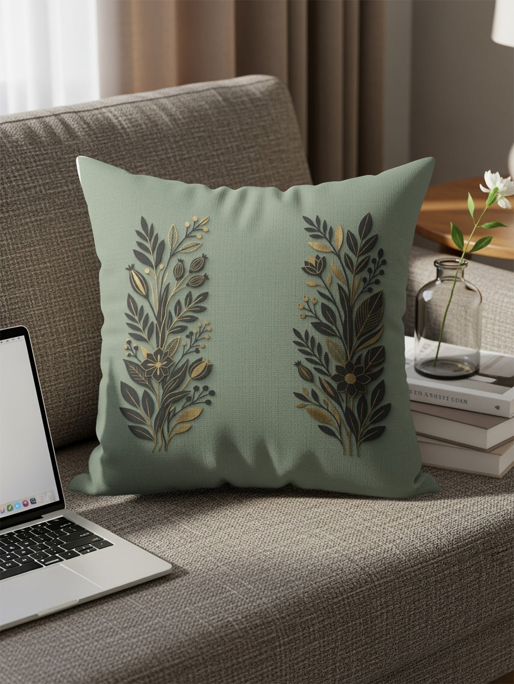 Light green throw pillow with gold and dark green floral branch design.