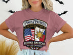 "Pinay & Patriotic Filipina American Freedom t-shirt with US and Philippine flags."