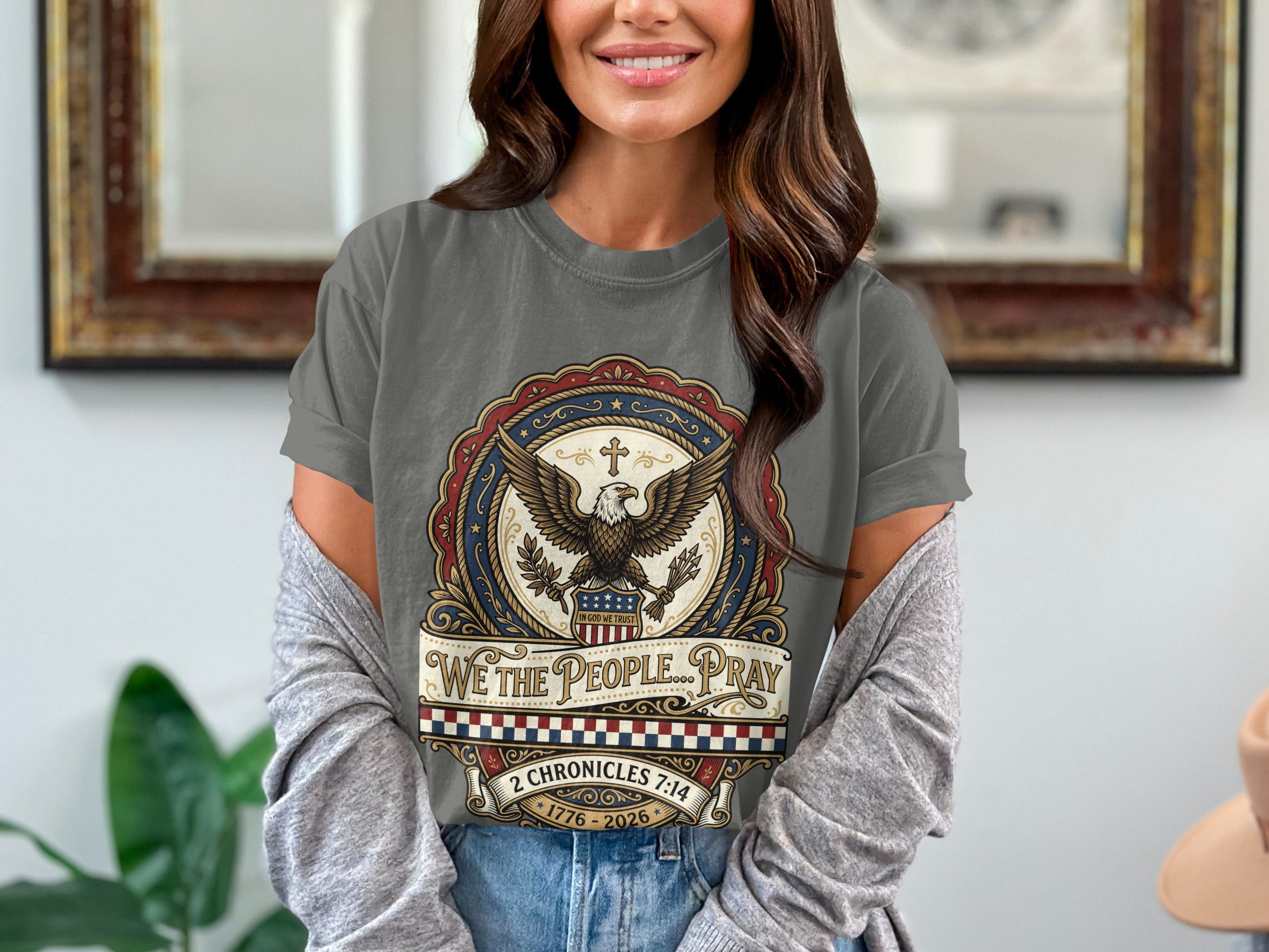 Grey t-shirt with eagle and patriotic design, "We The People... Pray" 2 Chronicles 7:14.
