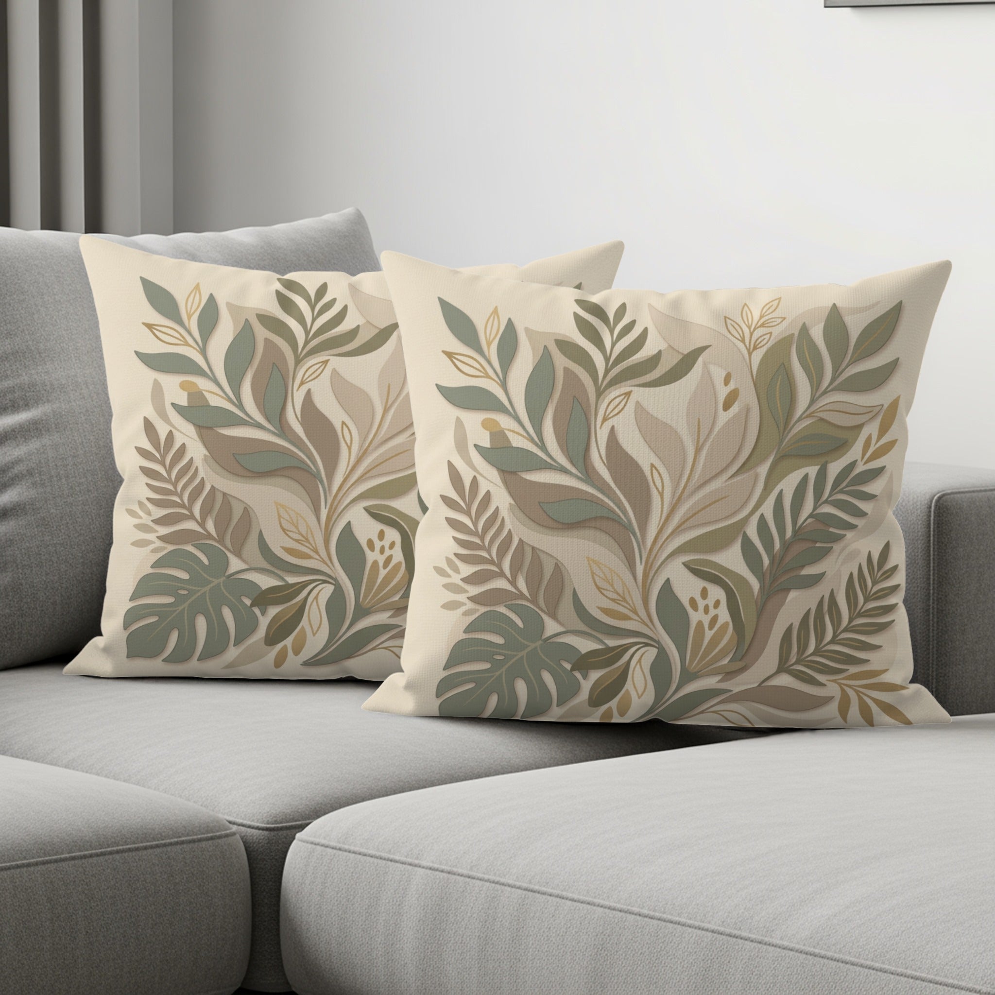 Two decorative throw pillows with a neutral botanical print on a gray sofa.