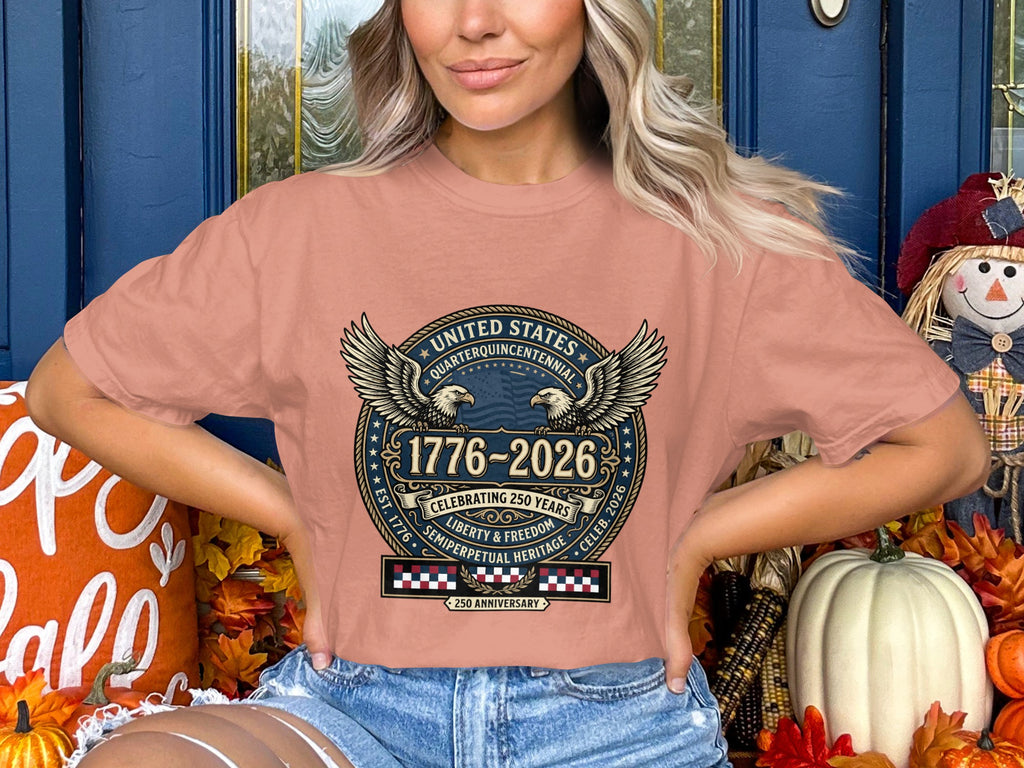 United States Quarter-Quincentennial 1776-2026 graphic on a t-shirt.