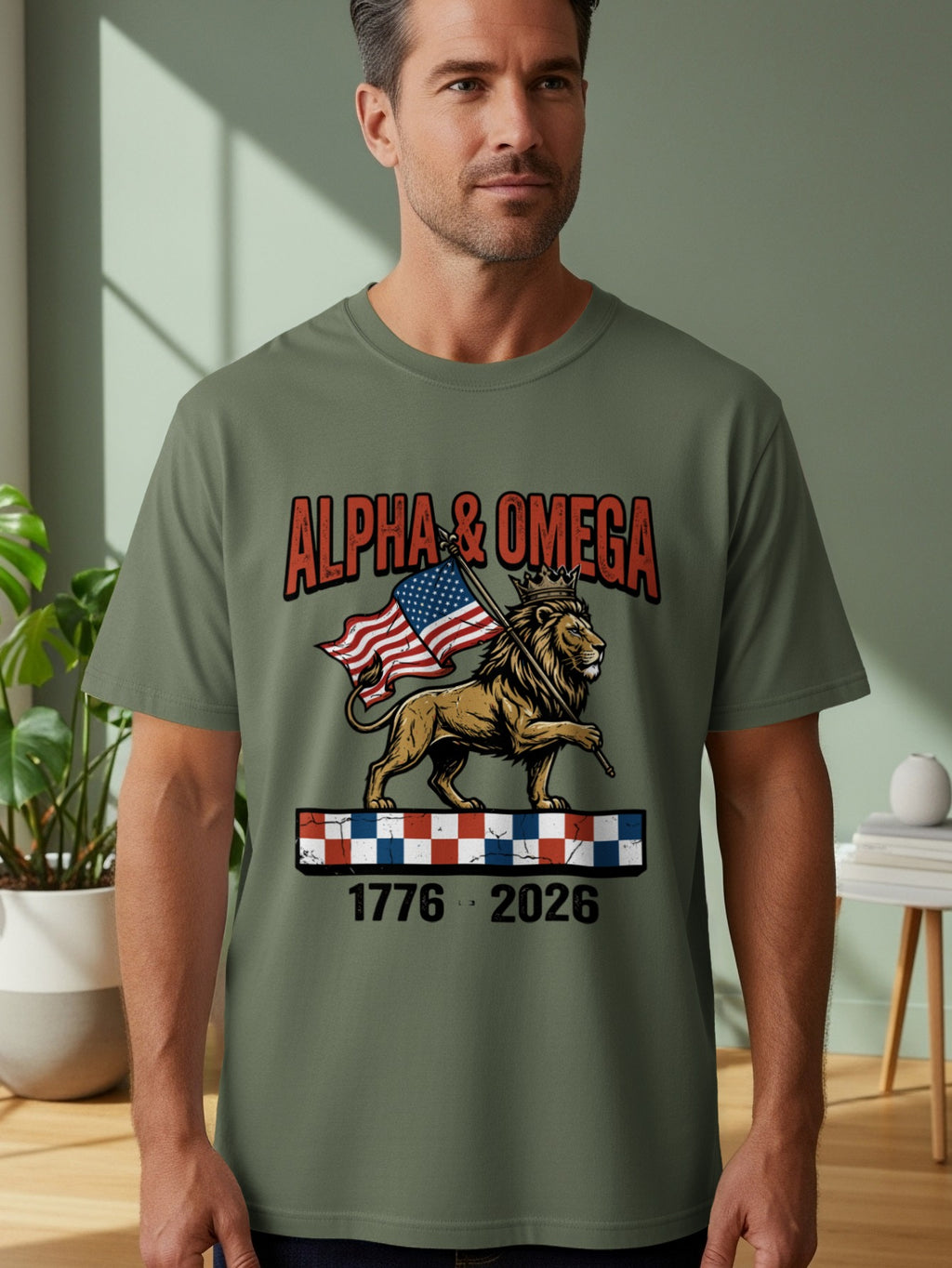 Lion with American flag and "ALPHA & OMEGA 1776-2026" text.
