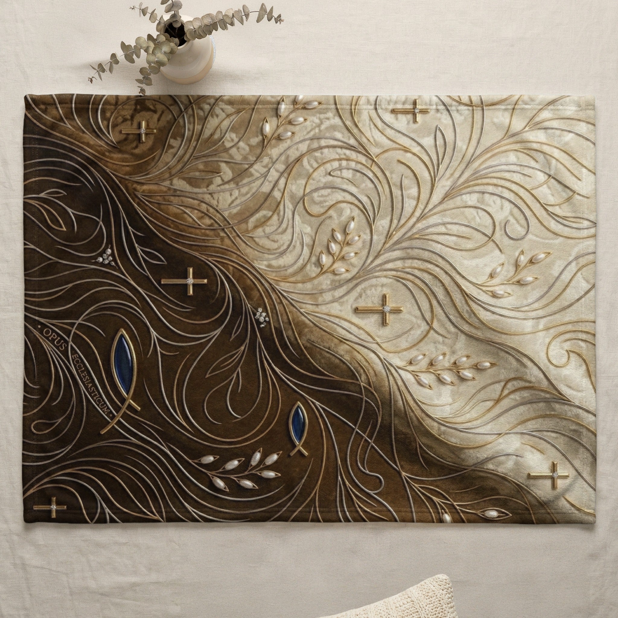 Brown and gold embroidered tablecloth with crosses, leaves, and fish symbols.