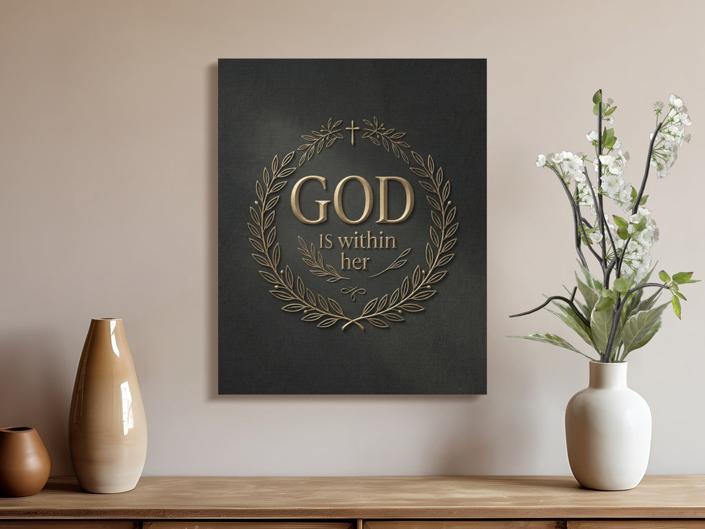Gold wreath with "GOD IS WITHIN HER" text on dark canvas wall art.