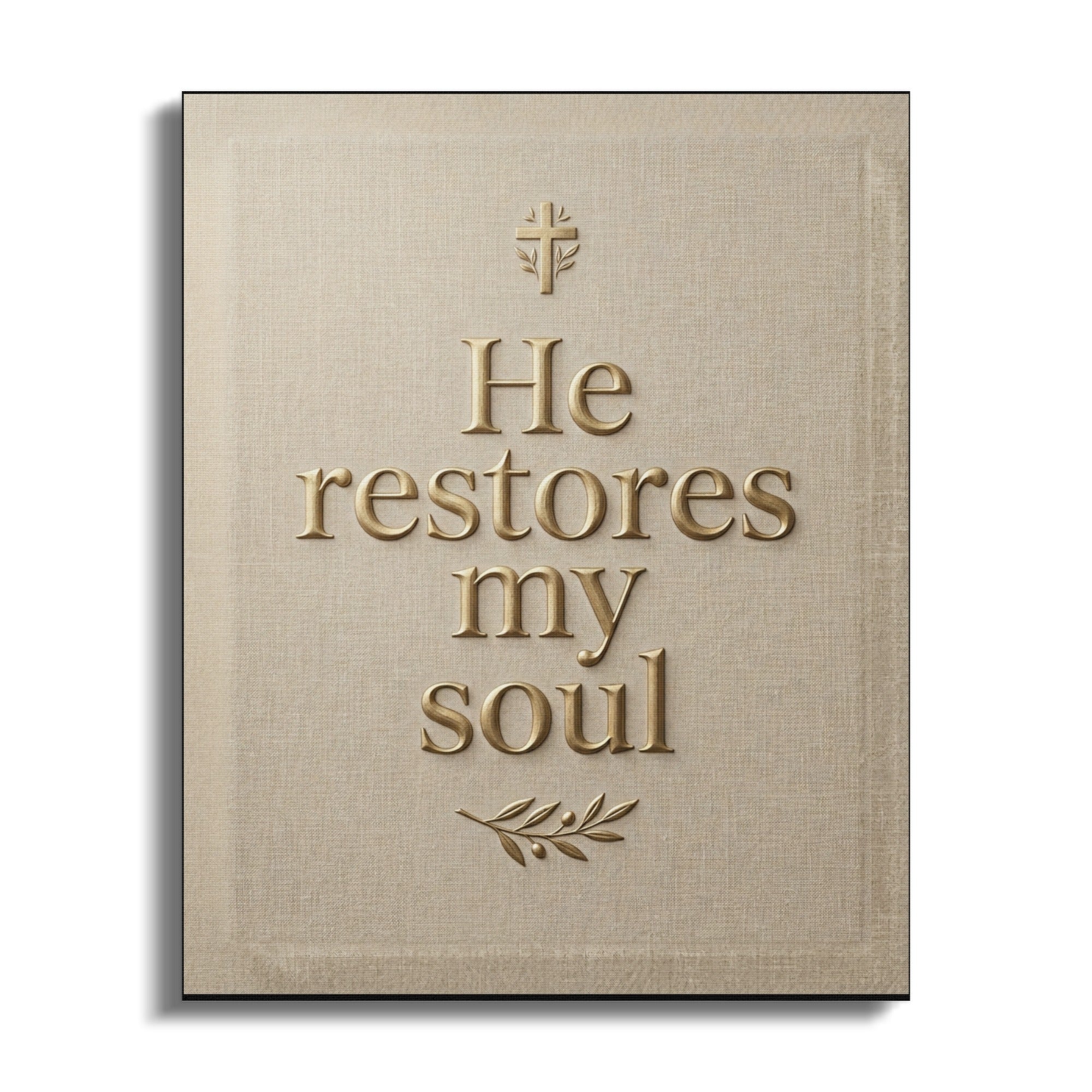 Gold text "He restores my soul" with cross and olive branch on textured background.
