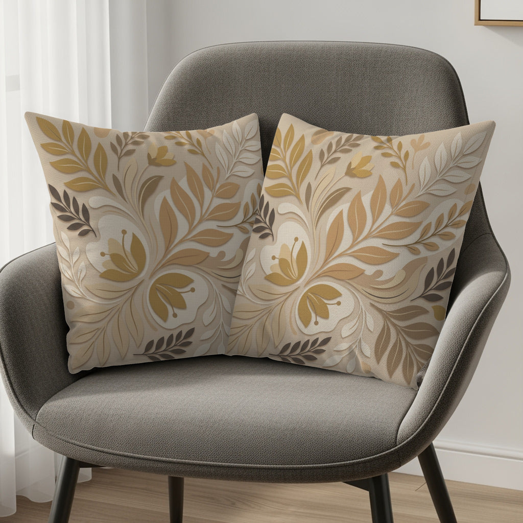 Two square pillows with a beige and brown floral pattern on a gray armchair.