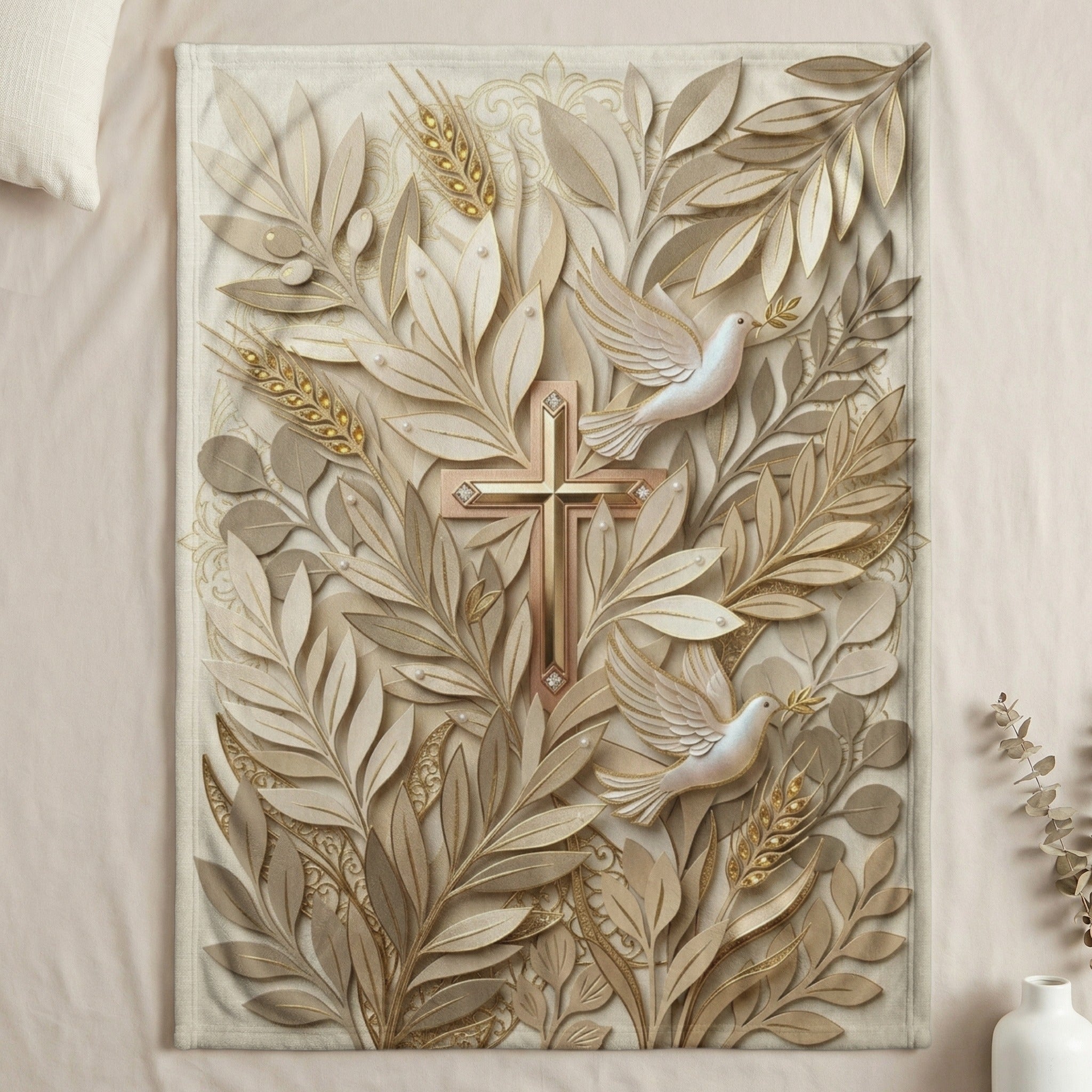 Cross with olive branches and doves, symbolizing peace and faith.