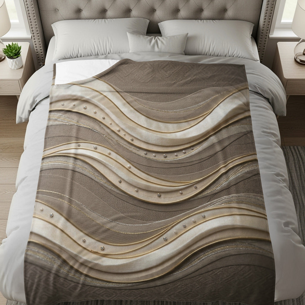 Brown and gold wavy patterned blanket with subtle embellishments on a bed.