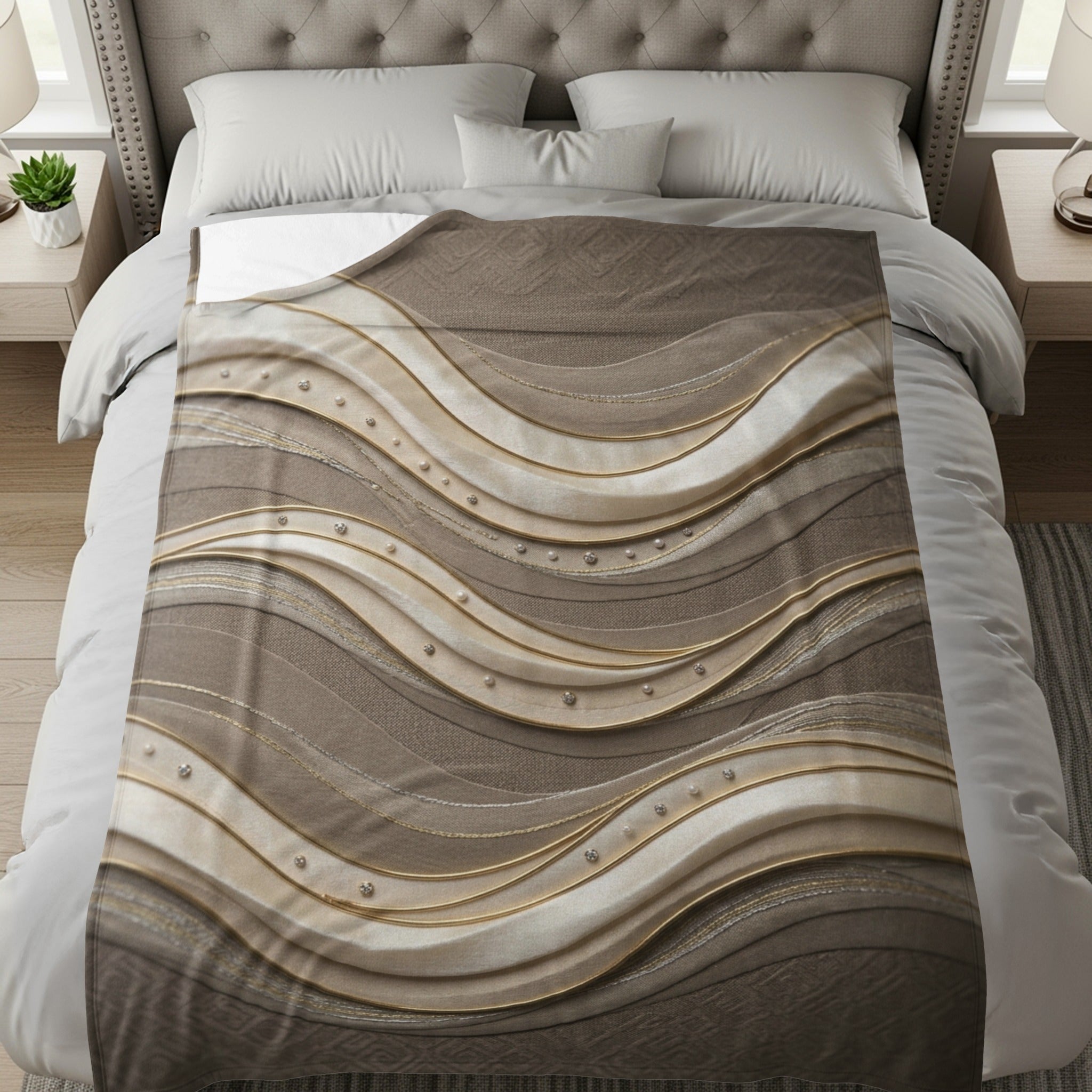 Brown and gold wavy patterned blanket with subtle embellishments on a bed.