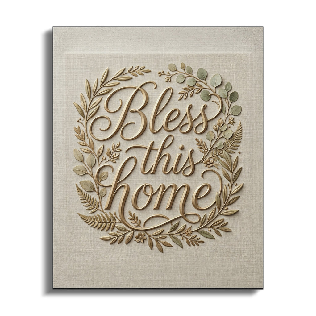 Bless this home text in a golden wreath on textured canvas.