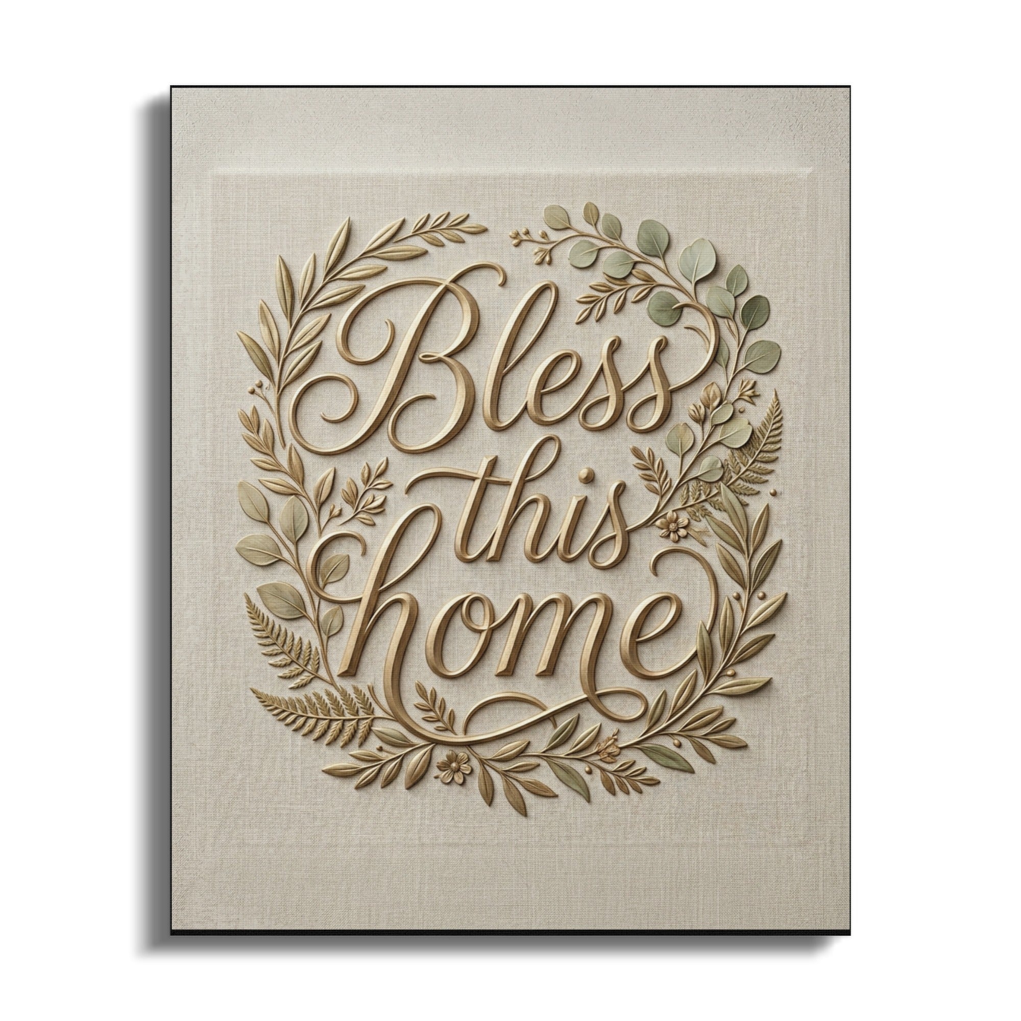 Bless this home text in a golden wreath on textured canvas.