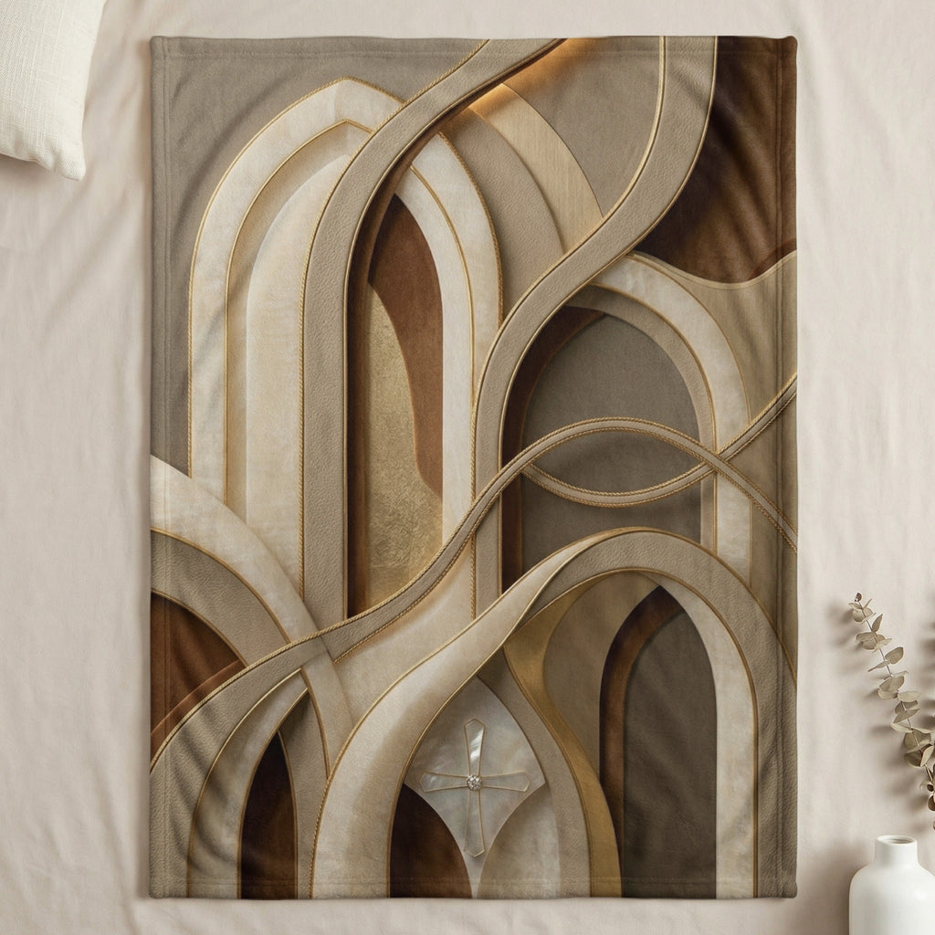 Abstract flowing lines in neutral tones on a textured blanket.