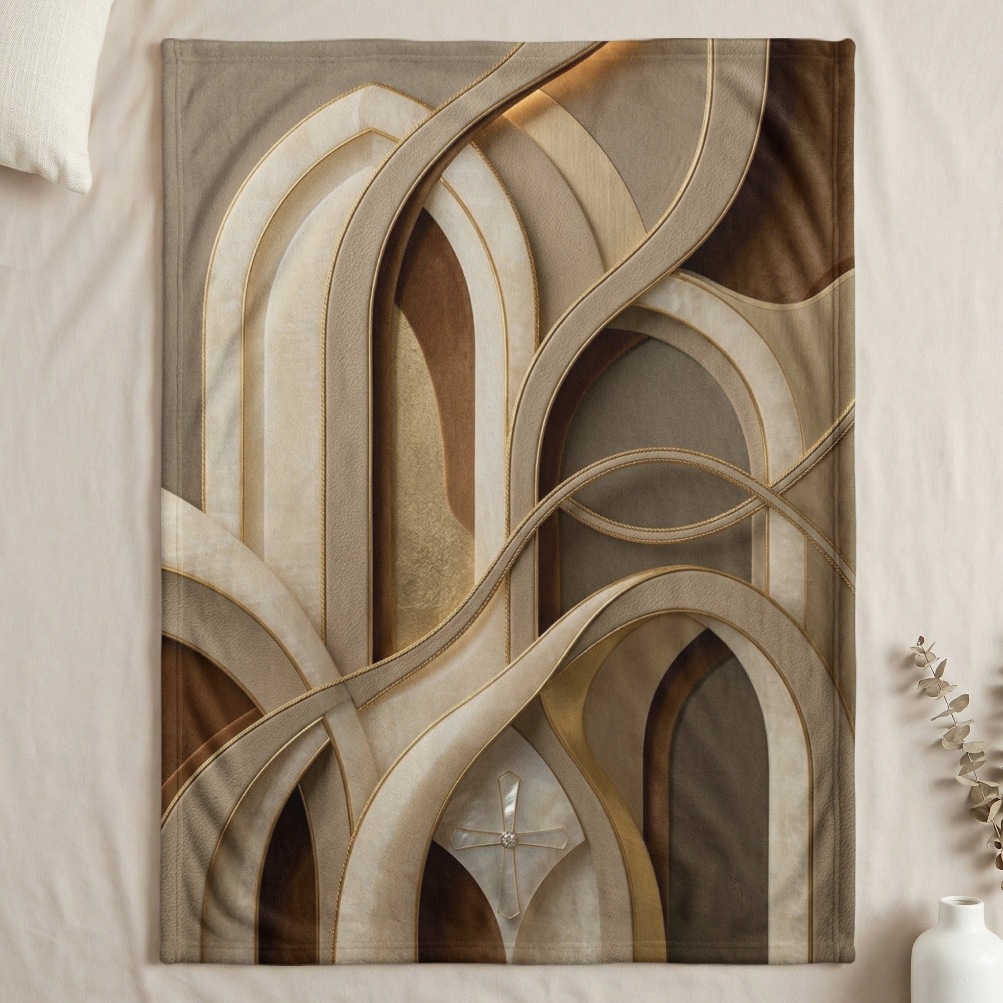 Abstract flowing lines in neutral tones on a textured blanket.